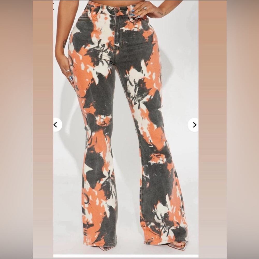 Fashion Nova "Always Standing Out" Stretch Print Flare Jeans Orange and Black
